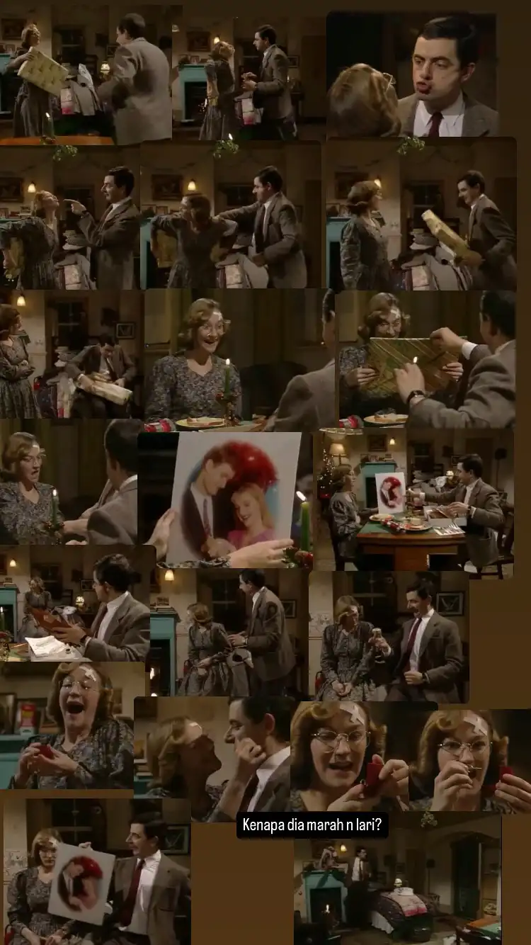 A collage of scenes from the TV show 'Fawlty Towers' showing Basil Fawlty and his wife Sybil exchanging gifts during a…