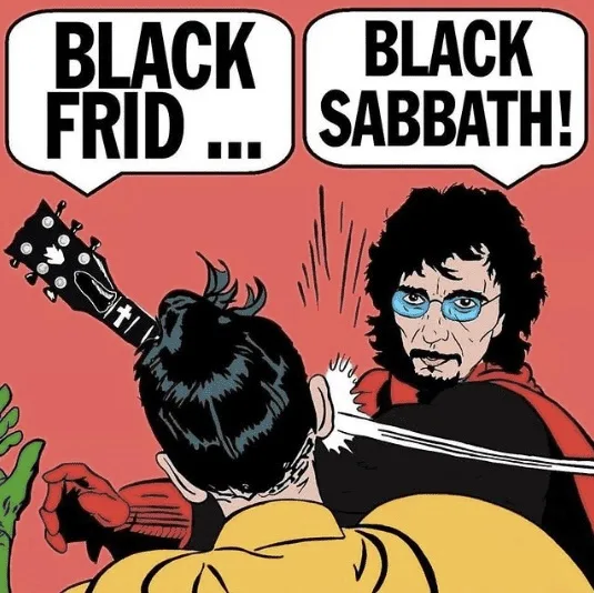 A comic-style image shows a man in a yellow shirt with his back to the viewer, holding a guitar, while another man with…