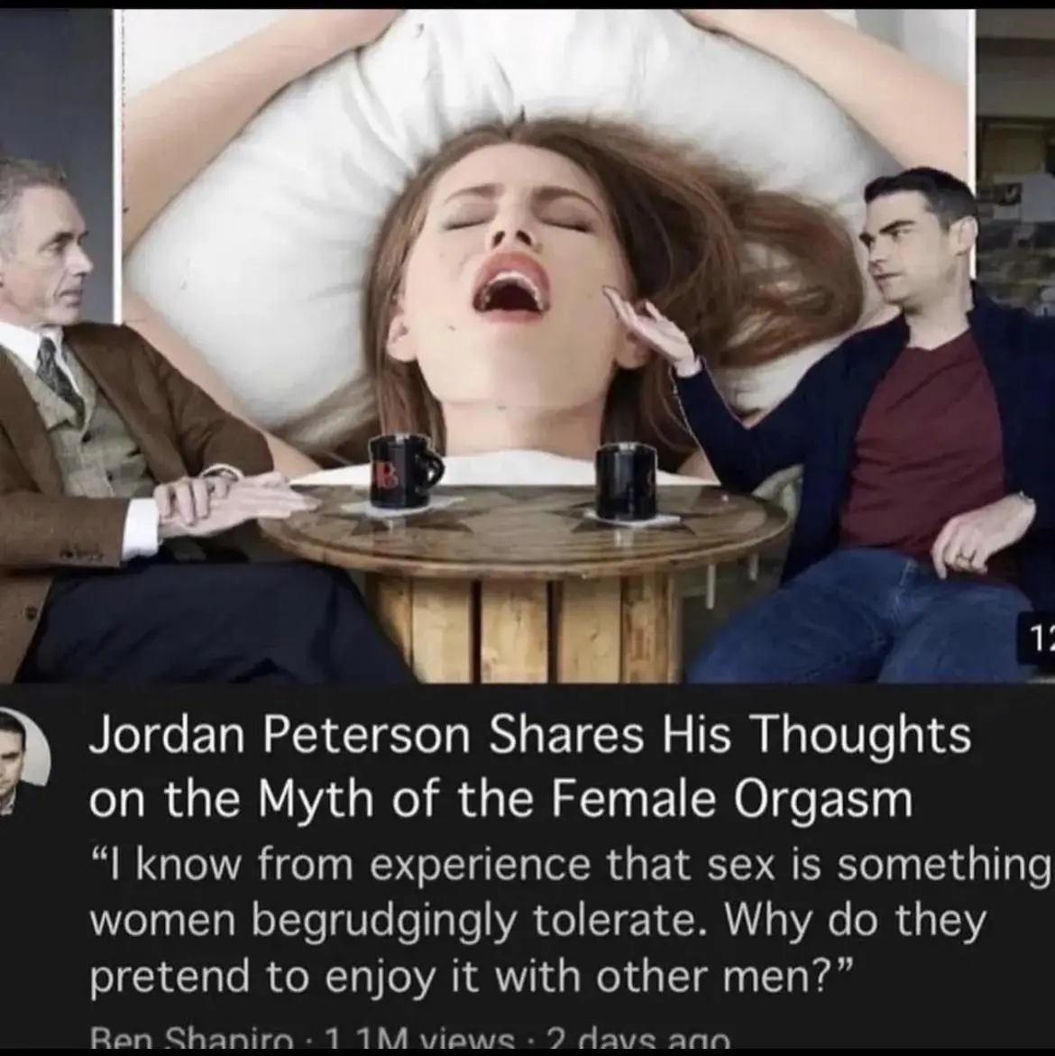 The image shows a woman lying on a bed with her mouth wide open in an exaggerated expression, flanked by two men sitting at…
