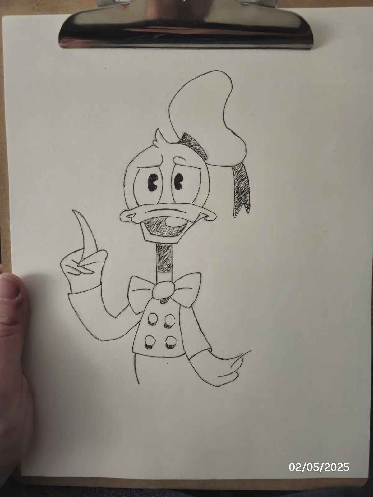 A hand-drawn pencil sketch of a cartoon duck wearing a chef's hat and bowtie, pointing upward with a surprised expression…