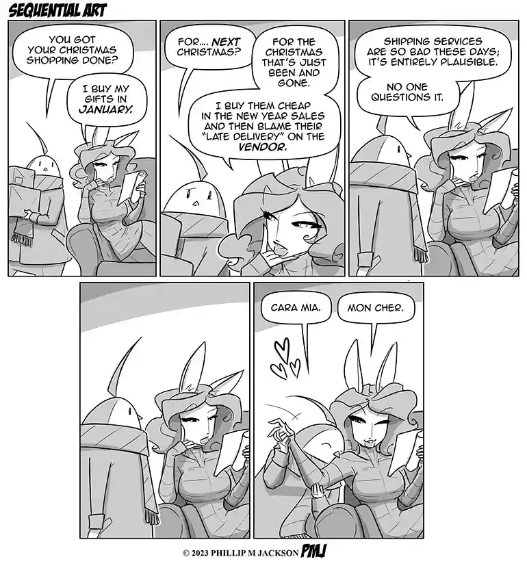 A five-panel black-and-white comic strip featuring two anthropomorphic characters with bunny ears. The first character, a…