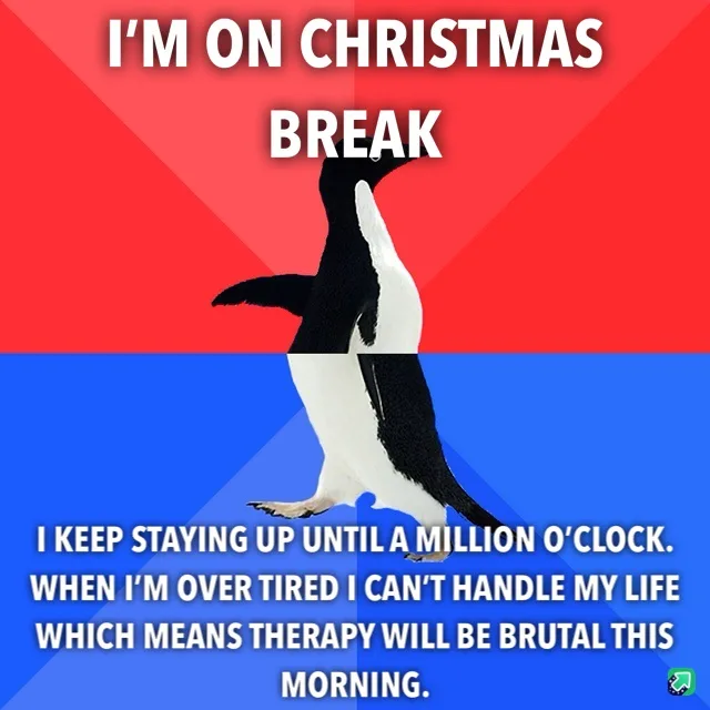 A penguin stands centered against a red and blue background, with white text overlaid. The top text reads 'I'M ON CHRISTMAS…