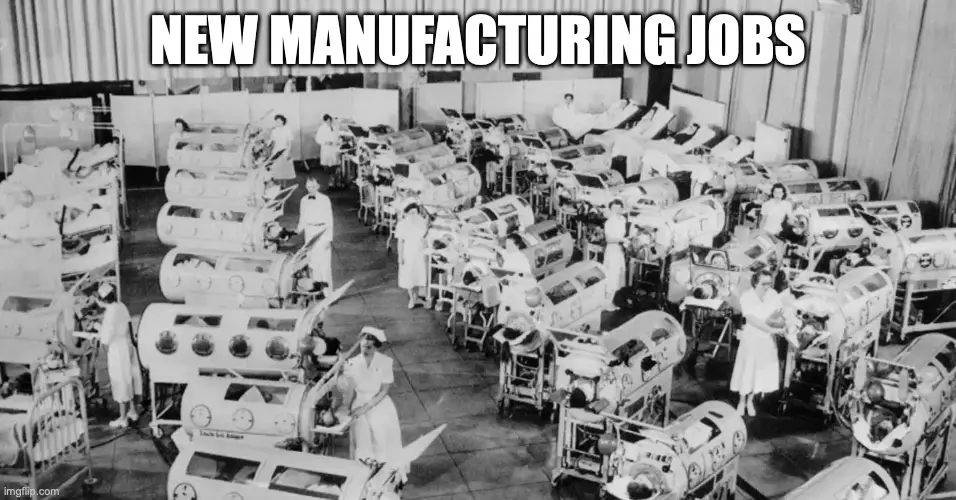 A black-and-white photo shows numerous nurses in white uniforms tending to rows of vintage, transparent, incubator-like…