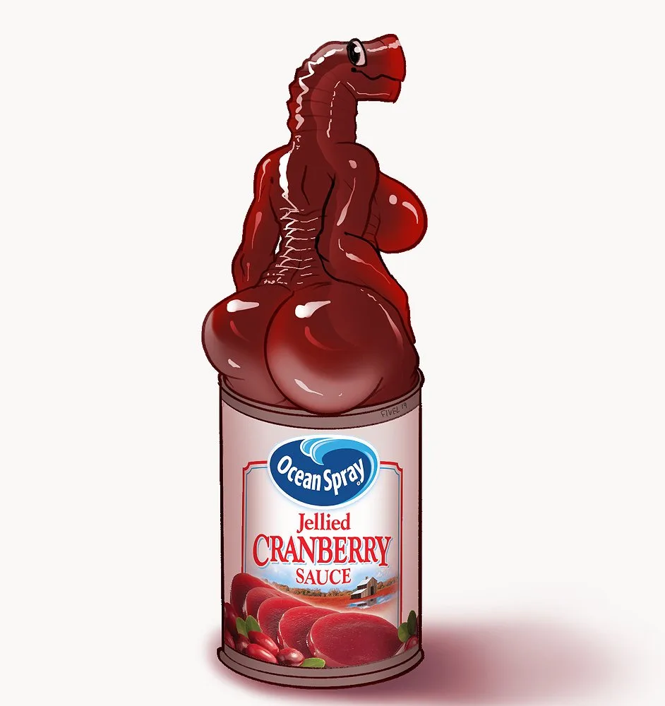 A cartoonish, glossy red, muscular, humanoid creature with a dinosaur-like head and tail sits atop a can of Ocean Spray…