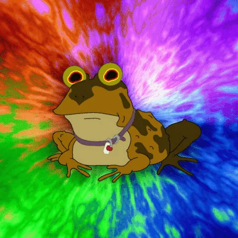 The image displays six panels arranged in a 2x3 grid, each featuring the same cartoon frog with a purple collar and a red…