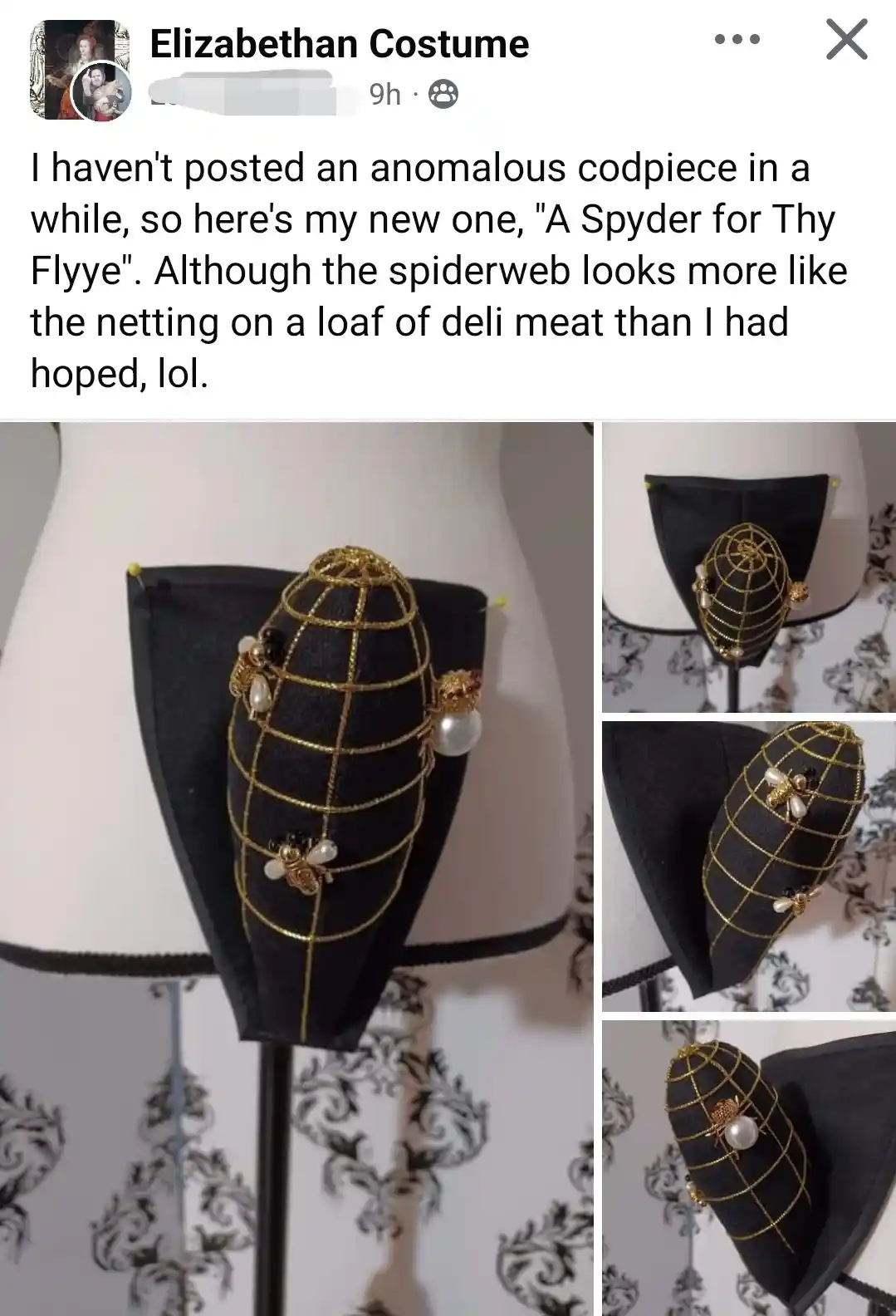 A collage of four photos shows a handmade, ornate codpiece displayed on a mannequin. The codpiece is black fabric with a…