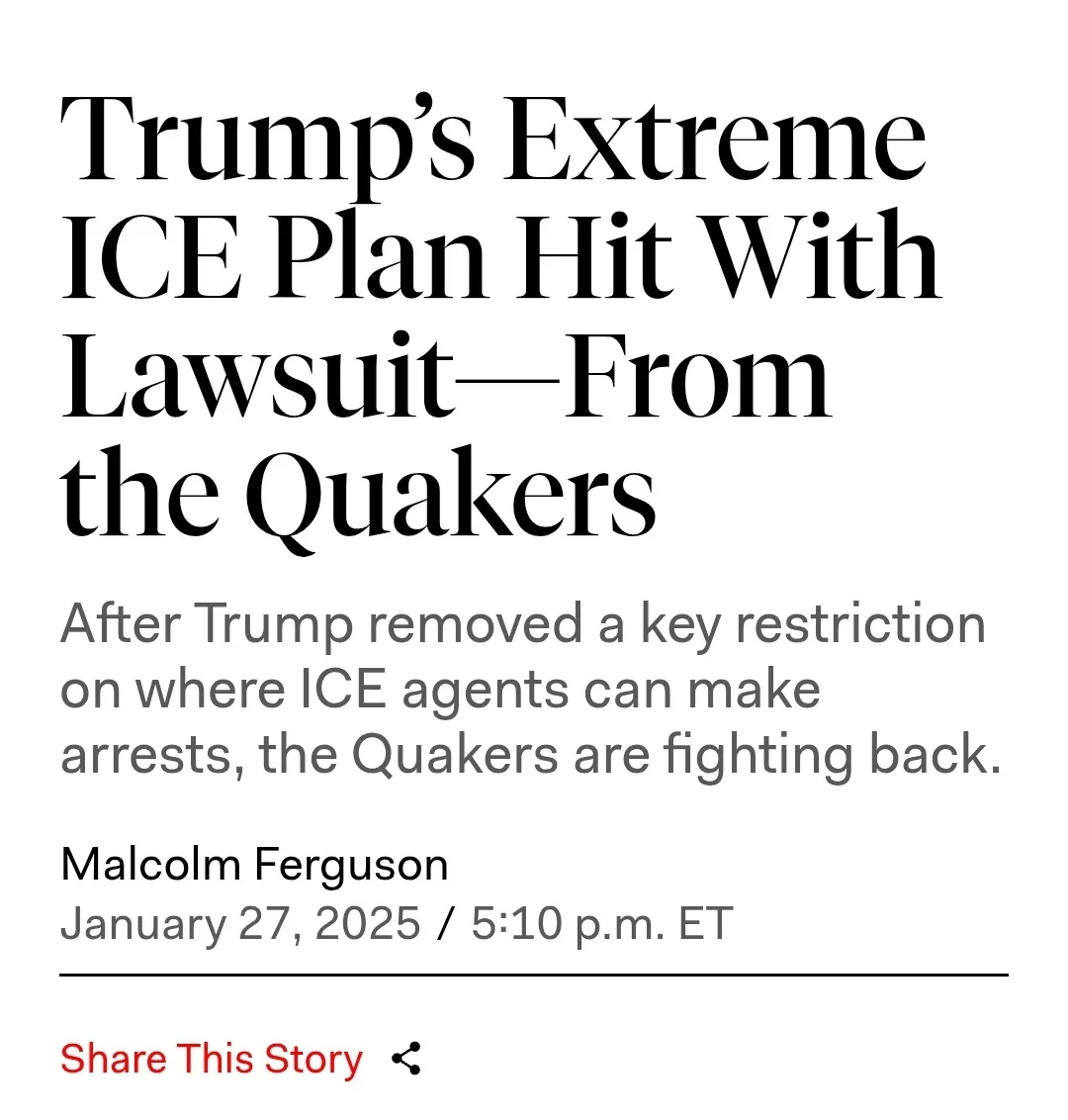 The image displays a mock news article headline in large black serif font reading 'Trump's Extreme ICE Plan Hit With…