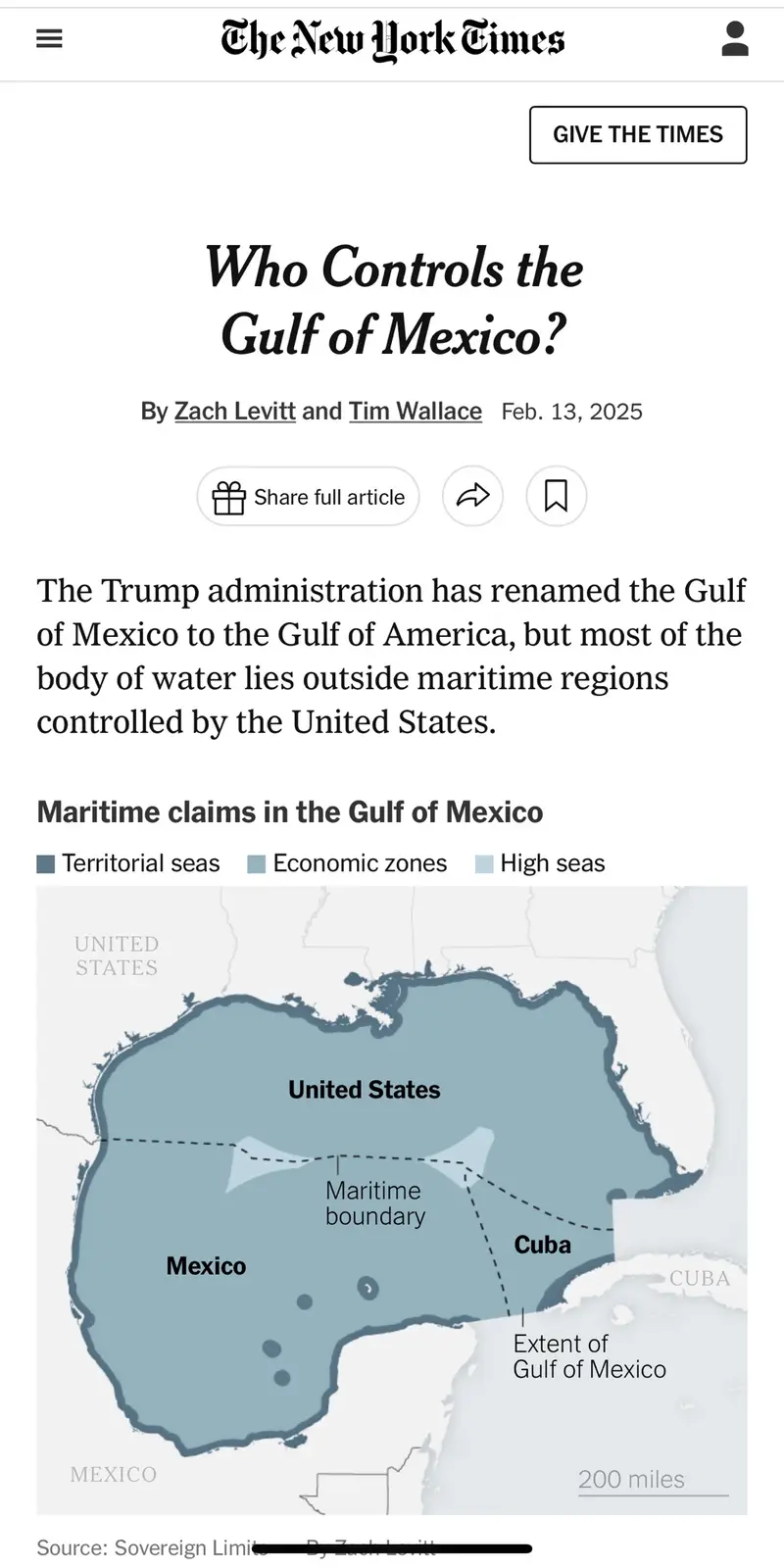 A screenshot of a New York Times article titled 'Who Controls the Gulf of Mexico?' dated February 13, 2025, by Zach Levitt…