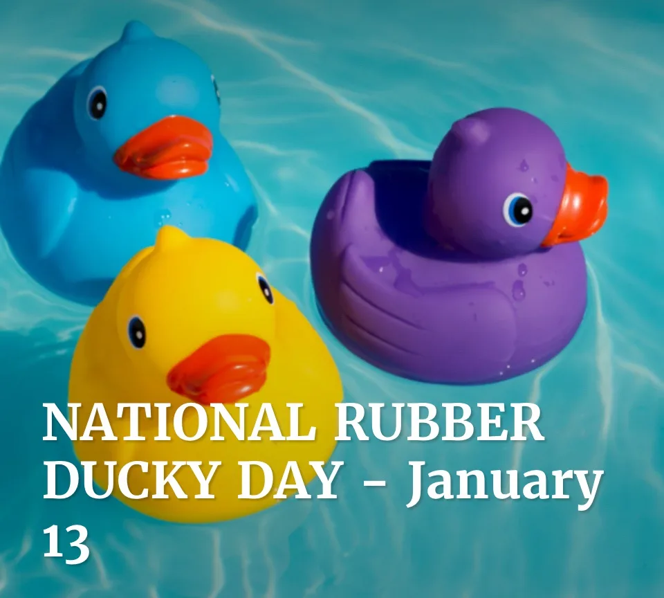 Three colorful rubber ducks — blue, purple, and yellow — float in clear blue water with ripples. White text overlaid at the…