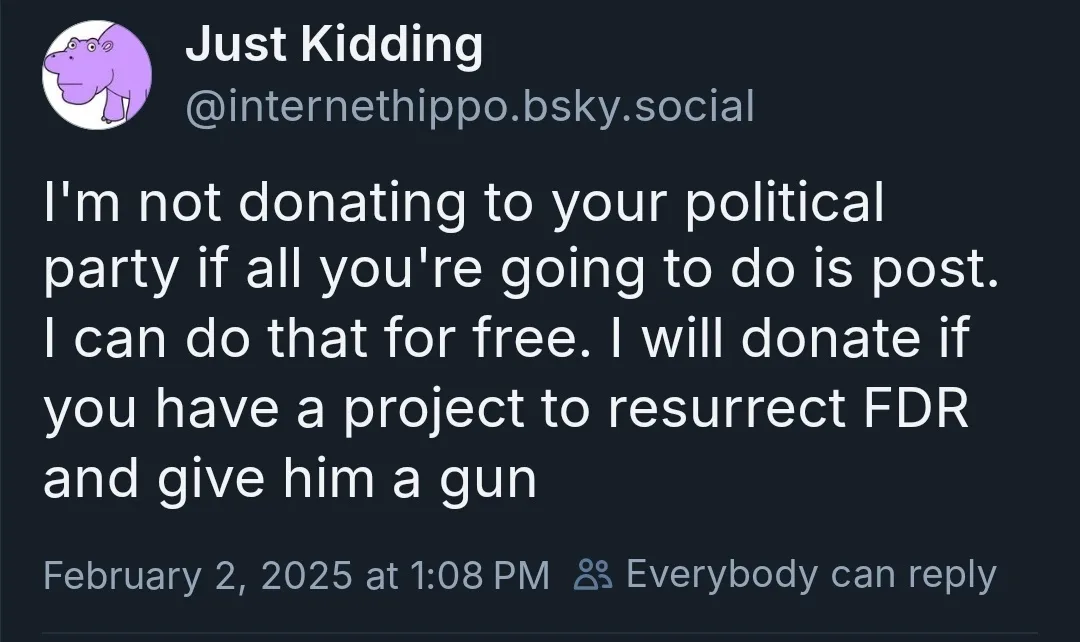A screenshot of a social media post from a user named 'Just Kidding' with a purple hippo avatar. The post, dated February 2…