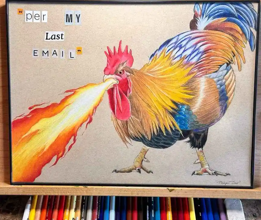 A framed colored pencil drawing of a rooster with vibrant blue, orange, and yellow feathers, blowing a stream of fire from…