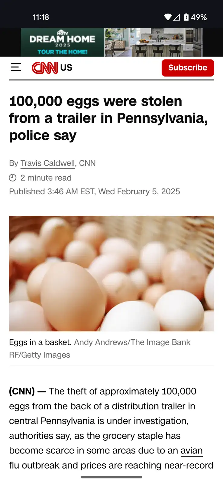 A screenshot of a CNN news article headline about 100,000 eggs being stolen from a trailer in Pennsylvania, accompanied by a…