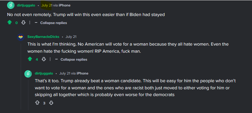A screenshot of a Reddit thread where users discuss political predictions. The top comment claims Trump will win more easily…