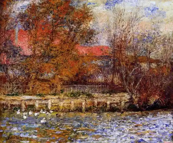 a painting of a riverbank with autumn trees and a stone wall, where several white ducks are visible swimming in the water…