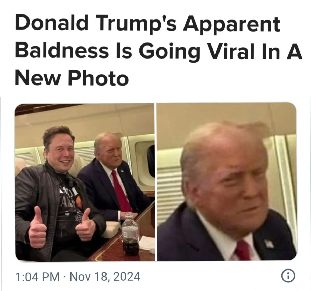 The image displays a split-screen: left side shows Elon Musk giving two thumbs up next to Donald Trump on an airplane, right…