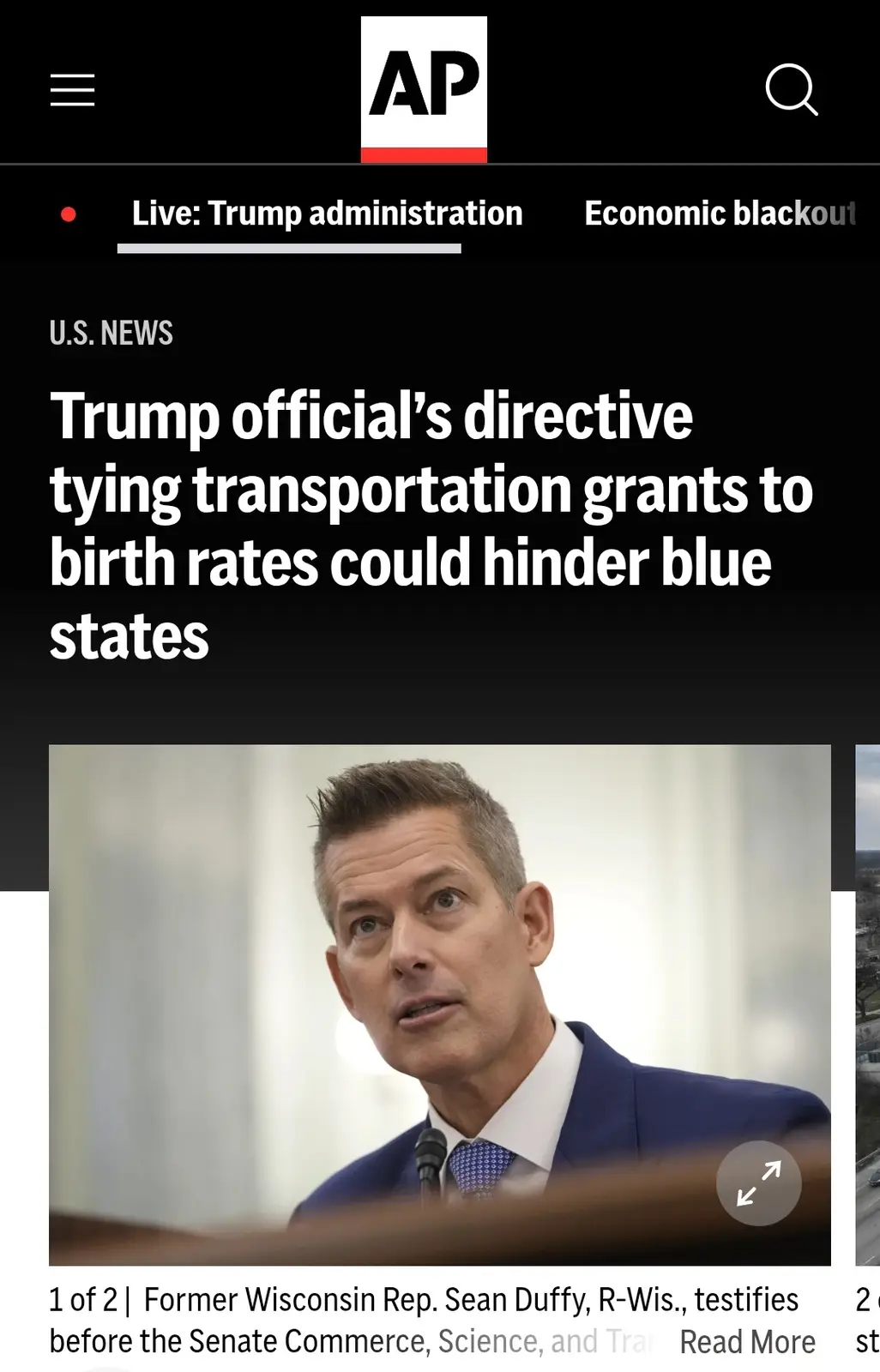 An AP News screenshot shows a headline about a Trump administration directive linking transportation grants to birth rates…