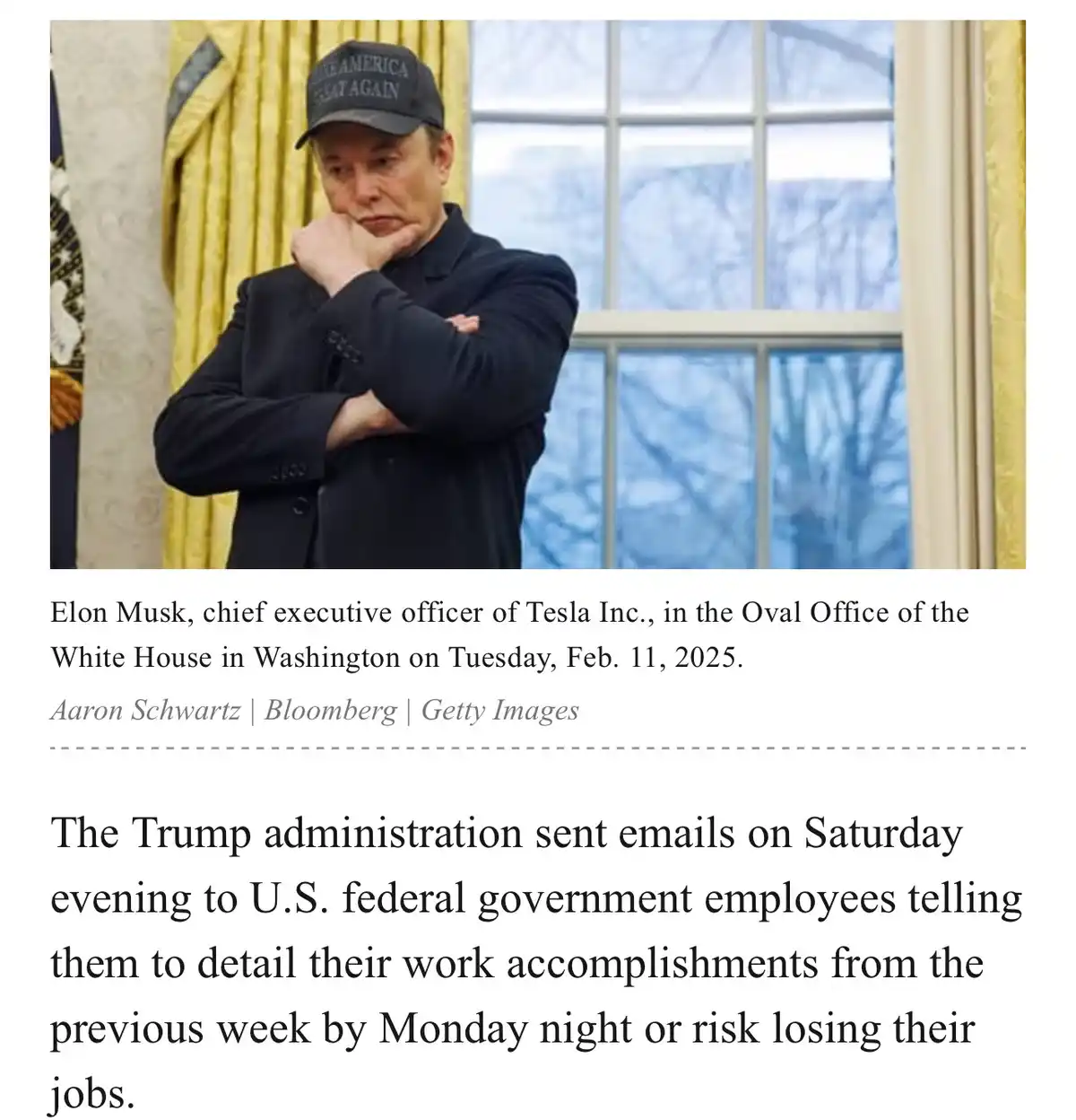 A photo shows Elon Musk wearing a 'Make America Great Again' cap, standing in the Oval Office with arms crossed and hand on…