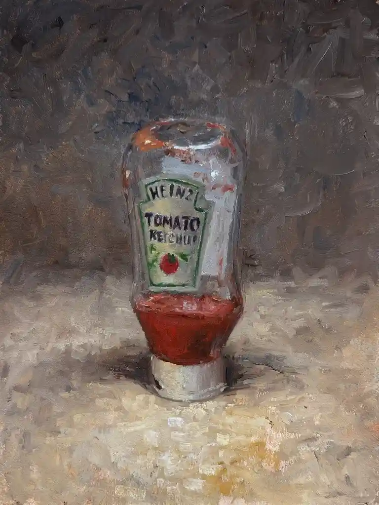 An oil painting depicts a Heinz tomato ketchup bottle with a partially empty red interior and smears of ketchup on its rim…