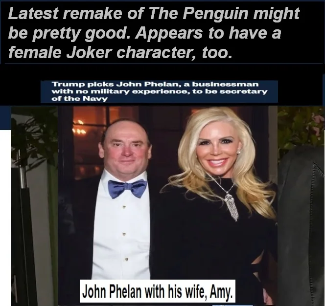 The image shows a man and a woman posing together at an event. The man wears a tuxedo with a blue bow tie, and the woman…