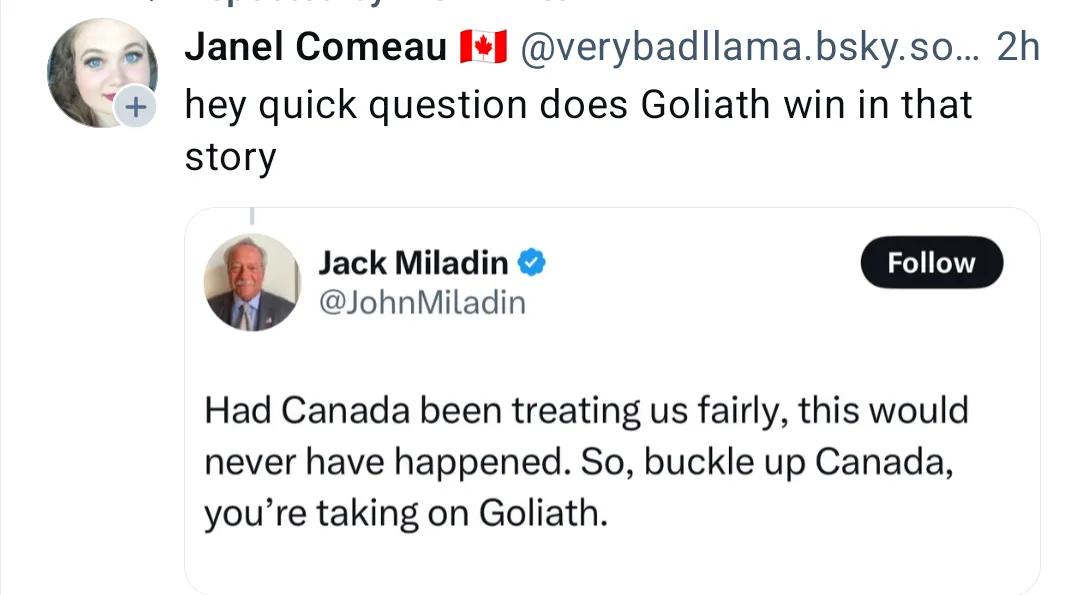 A screenshot of a Twitter thread shows user Janel Comeau asking if Goliath wins in a story, referencing a tweet from Jack…