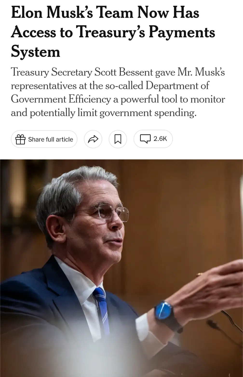 The image shows a screenshot of a news article with a headline about Elon Musk's team gaining access to the Treasury's…