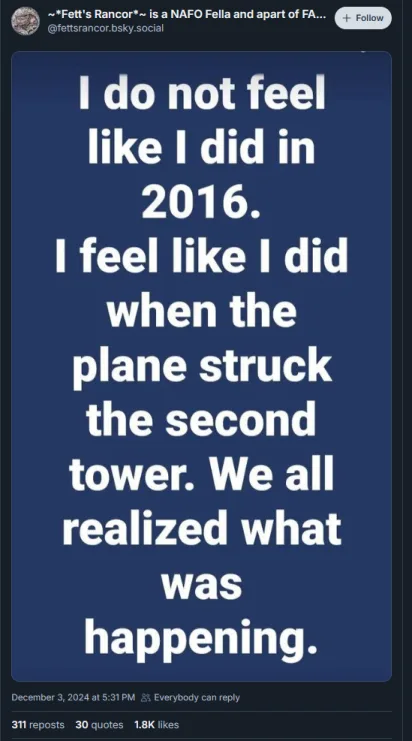 A dark blue rectangular image with white text that reads: 'I do not feel like I did in 2016. I feel like I did when the…