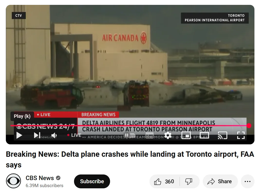 A screenshot of a CBS News 24/7 live stream shows a snowy airport scene with emergency vehicles near a damaged airplane. The…