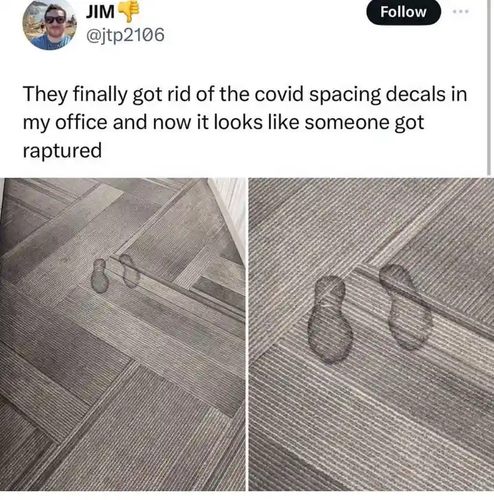 The image shows two close-up photos of a wooden floor with two dark, circular footprints left behind, resembling the…