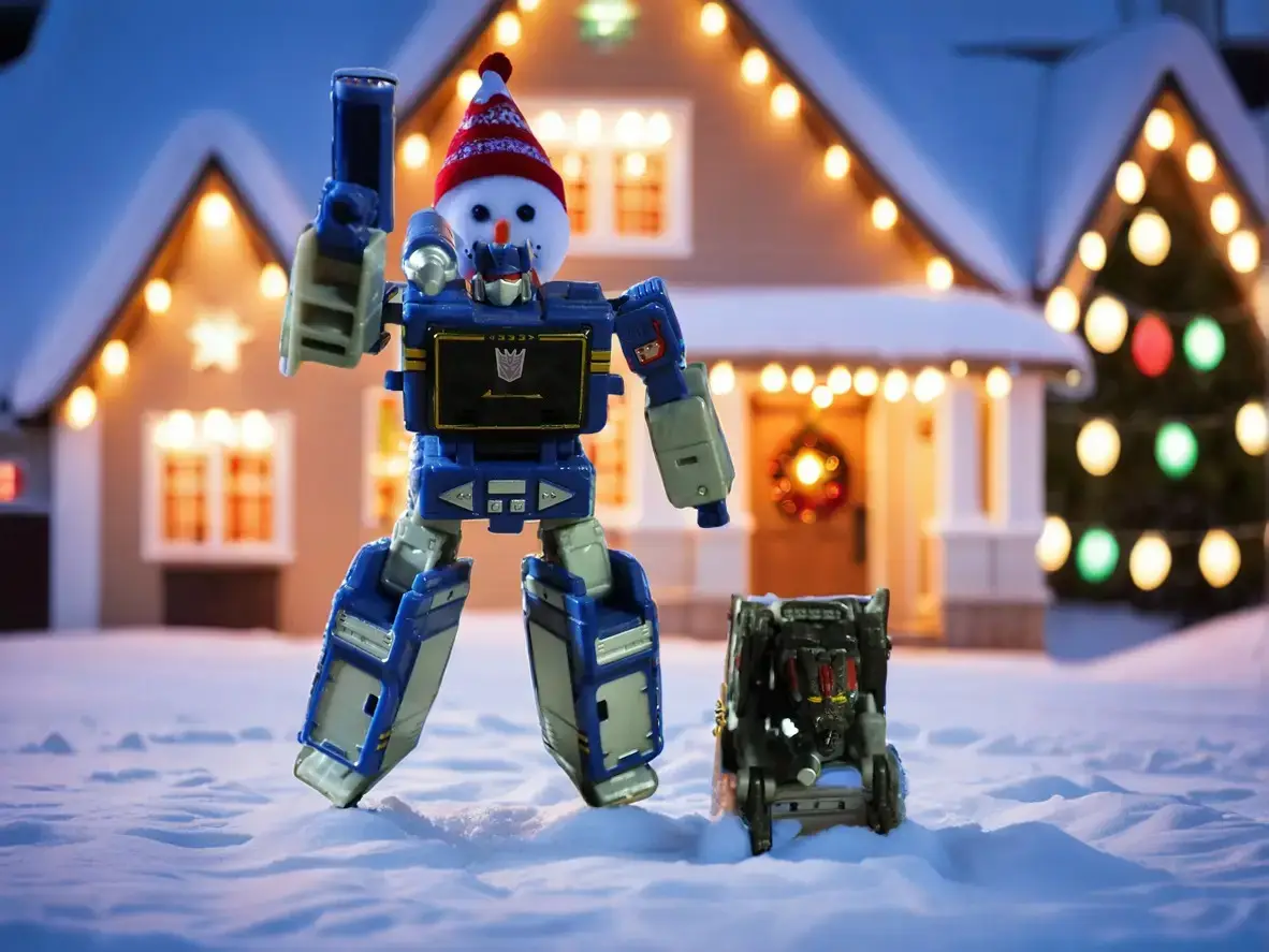A blue and silver toy robot stands in snow with a snowman head wearing a red and white hat, in front of a warmly lit house…