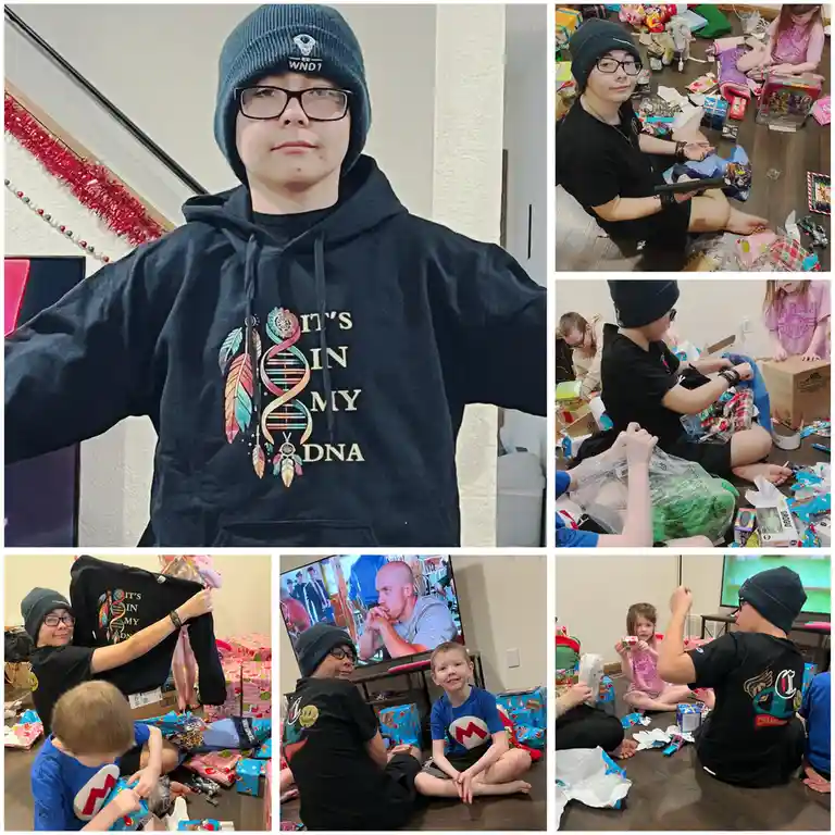 A collage of six photos showing a person wearing a hoodie with a DNA double helix and feathers graphic that reads 'IT'S IN…