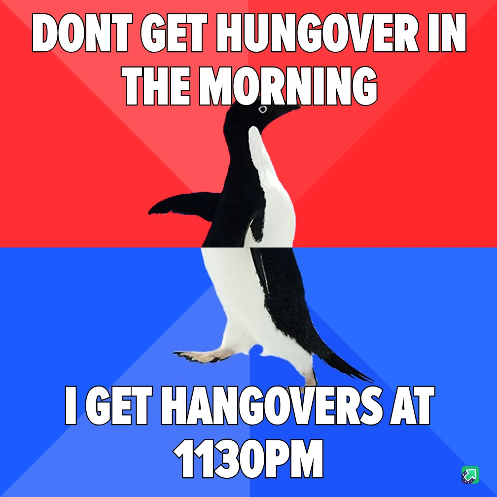 A penguin stands centered against a red and blue background, with bold white text above reading 'DONT GET HUNGOVER IN THE…