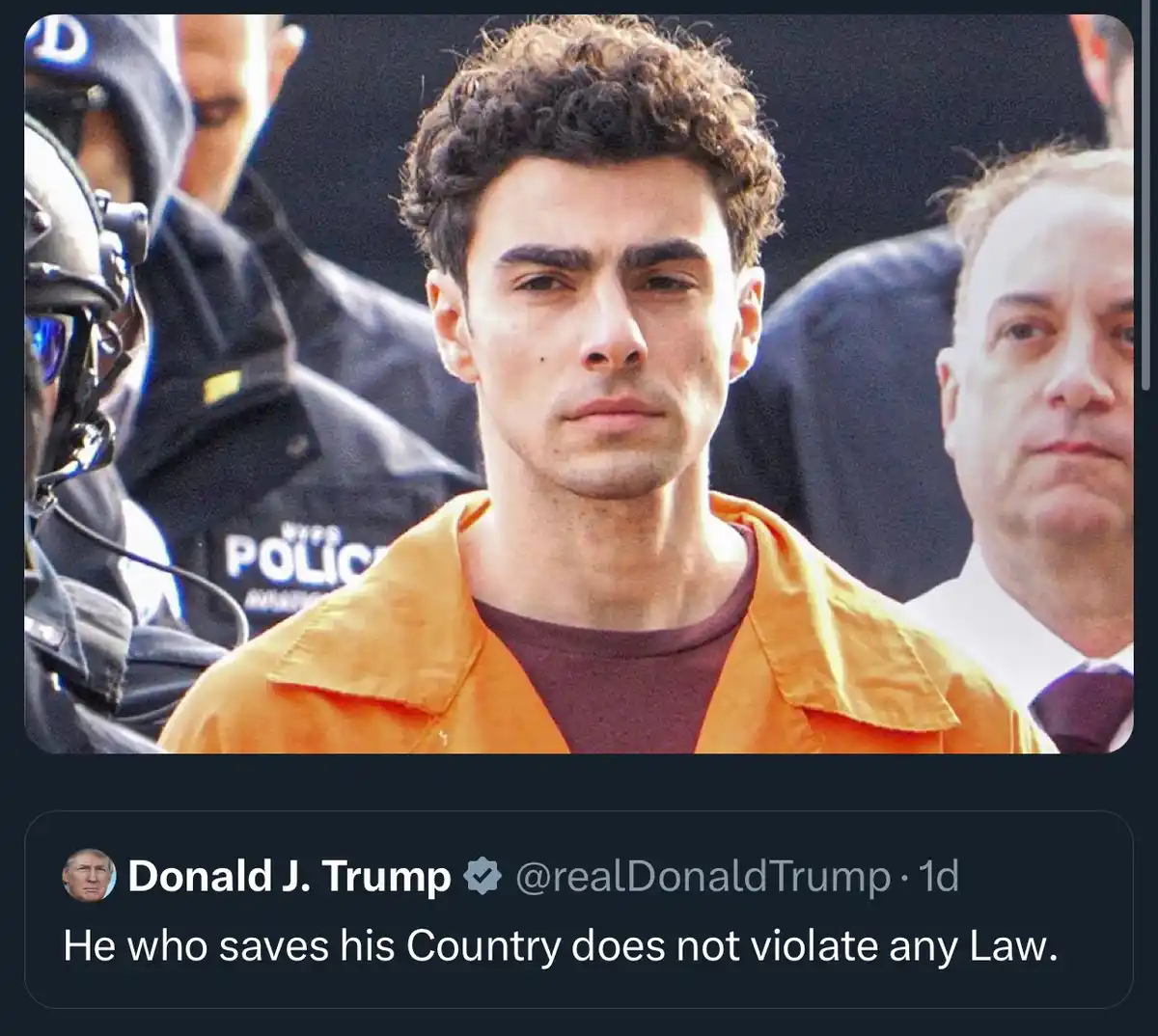 A man with curly dark hair wearing an orange jumpsuit is shown surrounded by police officers. The image is overlaid with a…