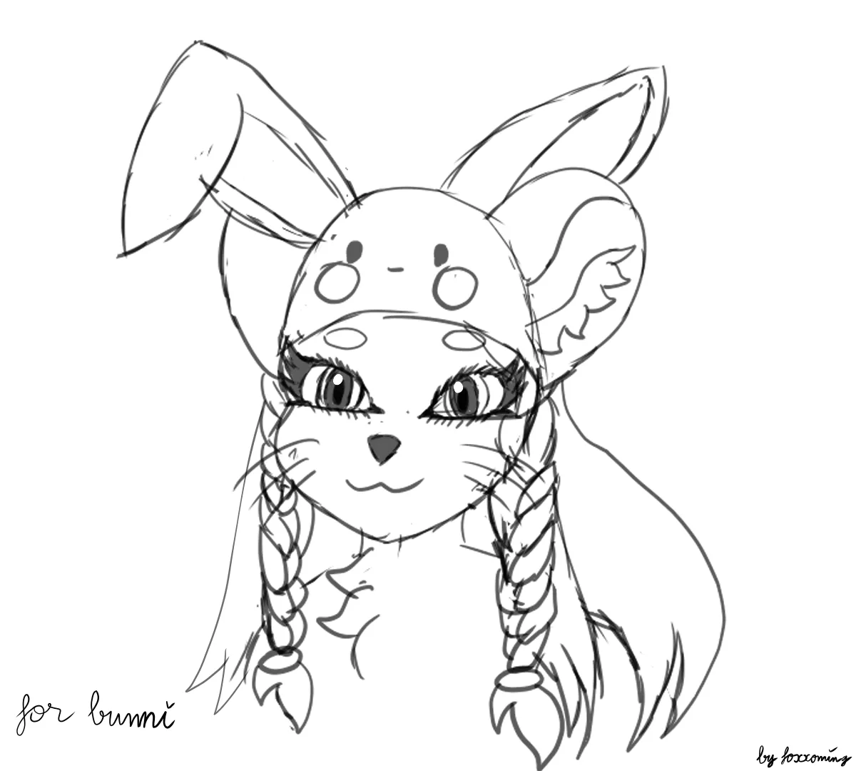 A black-and-white line art sketch of an anthropomorphic rabbit girl with long braided hair, large expressive eyes, and a…