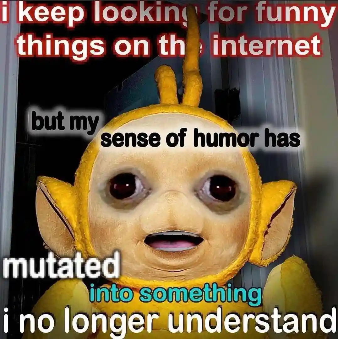 A yellow, plush Teletubby-like character with large, wide eyes and a slightly open mouth, appearing shocked or confused. The…