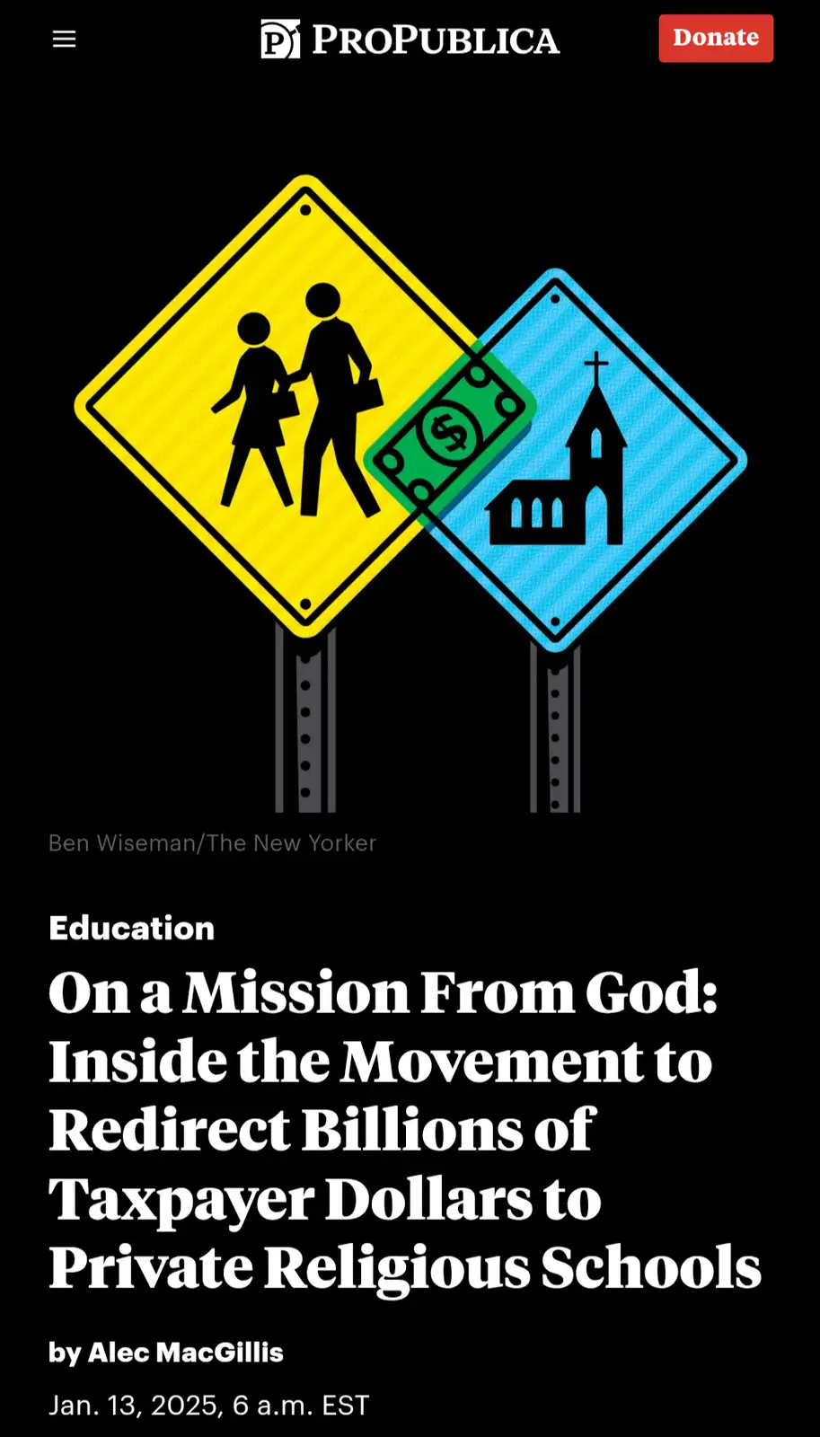 The image displays a yellow pedestrian crossing sign and a blue church sign overlapping with a green dollar bill graphic…