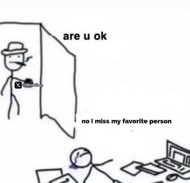 A stick figure in a hat and tie stands at a doorway asking 'are u ok' to another stick figure sitting at a desk with a…