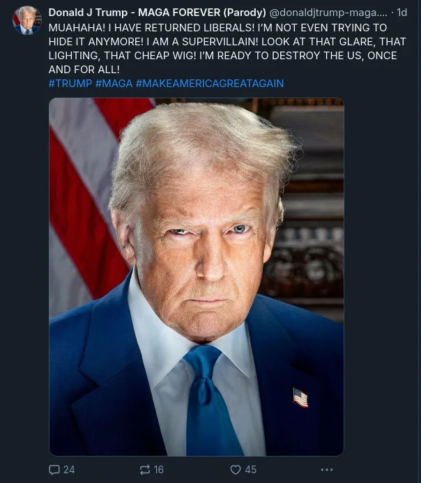 A screenshot of a parody tweet from a fake Donald Trump account shows a photo of Donald Trump in a dark suit and blue tie…