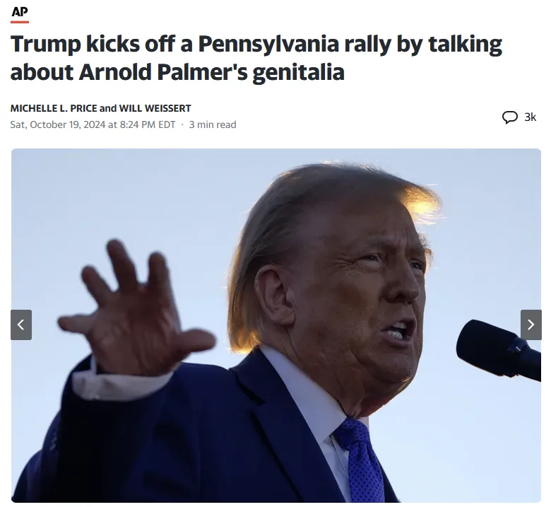 A screenshot of an AP news article header showing a photo of Donald Trump speaking at a rally, with his hand raised. The…