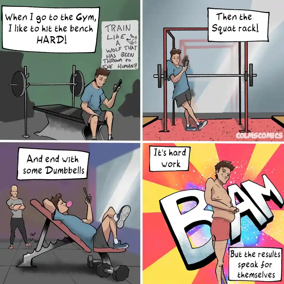 A four-panel comic shows a man planning a serious gym workout, starting with bench presses, then squat rack, then dumbbells…