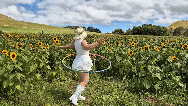 A woman in a white dress and boots, wearing a sunflower crown, is shown in six panels across two rows in a sunflower field…