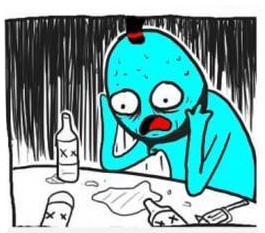 A cartoonish blue alien-like creature with wide eyes and a red nose sits at a messy table, visibly intoxicated, with a…