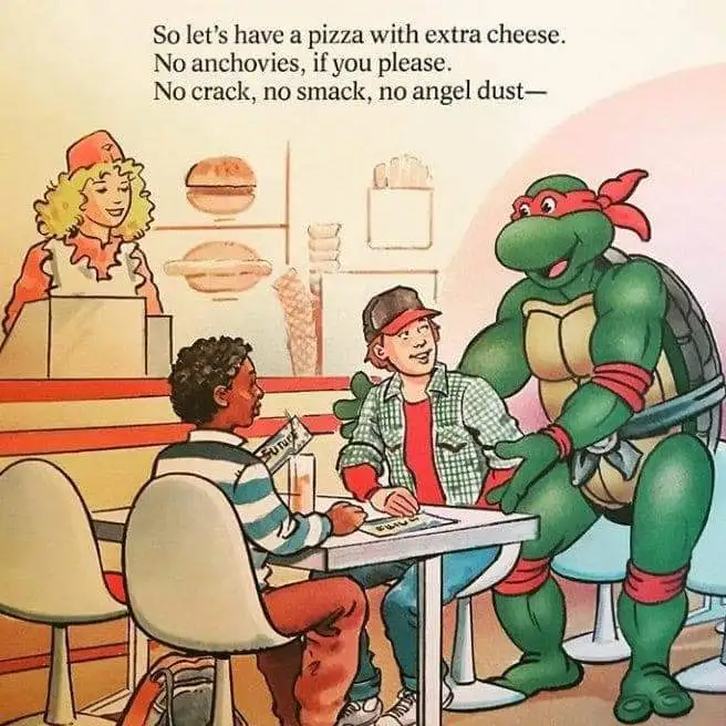 A vintage cartoon scene from a pizza restaurant shows a teenage customer ordering with a Teenage Mutant Ninja Turtle. The…