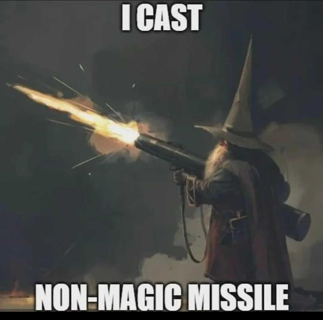 A wizard in a pointed hat and robe is holding and firing a large, modern-looking rocket launcher, with bright orange flames…