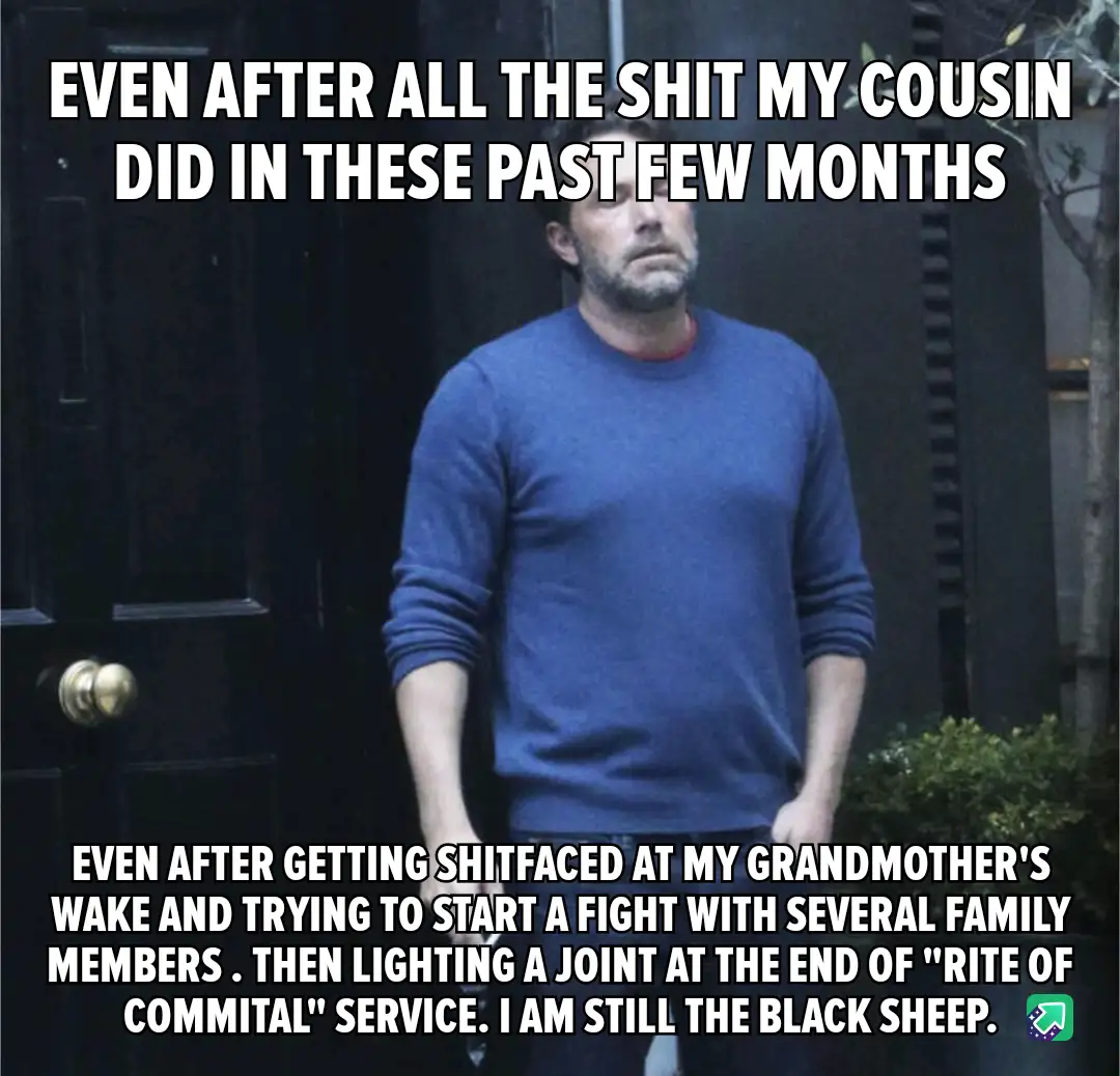 A man in a blue sweater stands in front of a dark door with a weary, resigned expression. The overlaid text describes how…