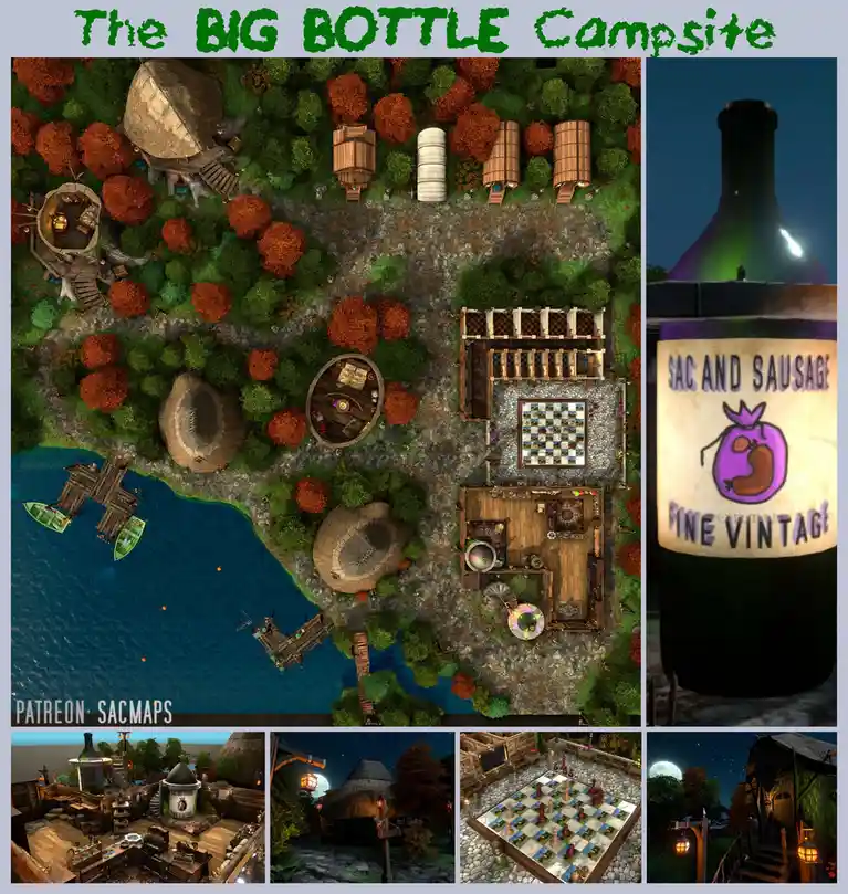 An overhead view of a fantasy campsite with thatched huts, wooden structures, and a large wine bottle-shaped building, next…