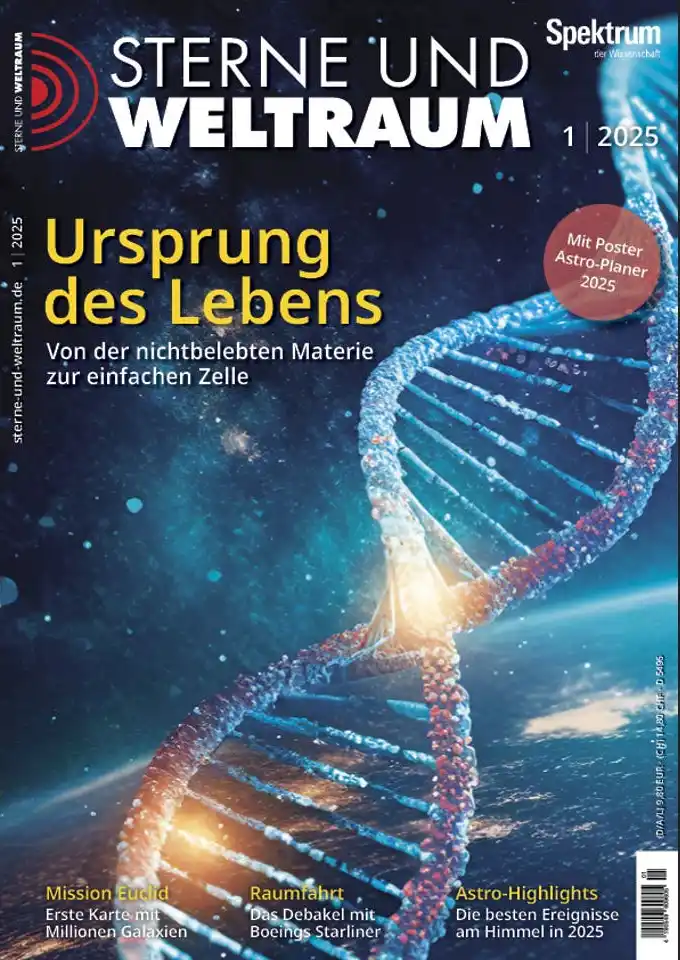The image is the cover of a German science magazine titled 'Sterne und Weltraum', issue 1/2025. It features a large, glowing…