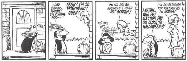 A four-panel black-and-white comic strip shows a penguin in a top hat and cape running from a pumpkin-headed figure…