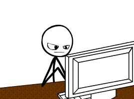 A stick figure progressively leans further into a computer monitor, escalating from a scowl to a full-body collapse in rage…