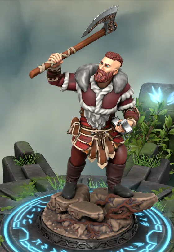 A digital 3D render of a muscular, bearded Viking-style warrior in red and grey fur-trimmed armor, holding a large battle…