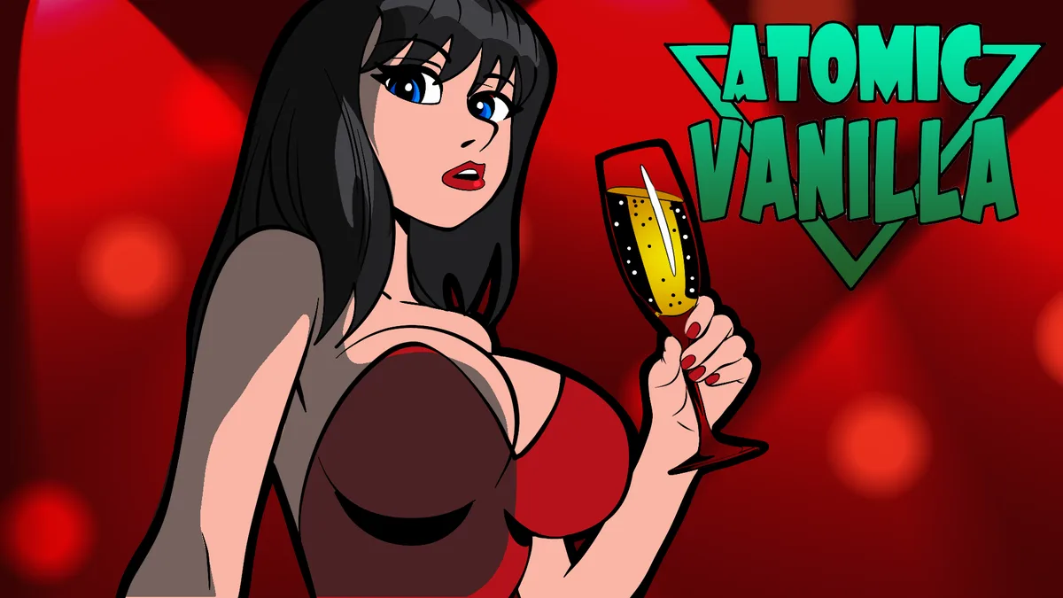 A cartoon woman with long black hair and blue eyes holds a champagne flute filled with a yellow liquid and a white straw…